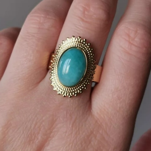 RETRO Large Aqua Natural Stone Gold Plated Statement Ring - Picture 9 of 12